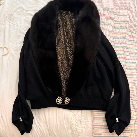 COPY - Vintage 50’s Mink Collar Wool Blend Cardigan Med Black - Picture 4 of 8